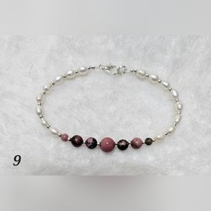 Pink and Black Rhodonite gemstone and pearl bracelet